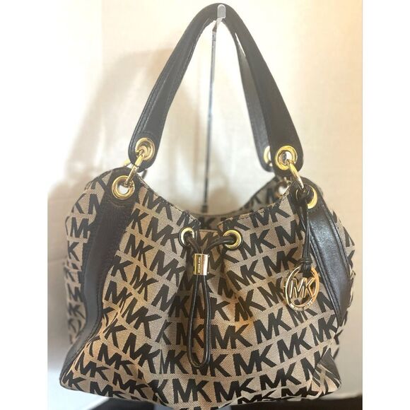 VMichael Kors MK Ludlow Logo Bag black &gray canvas and leather Hobo style - Picture 1 of 15